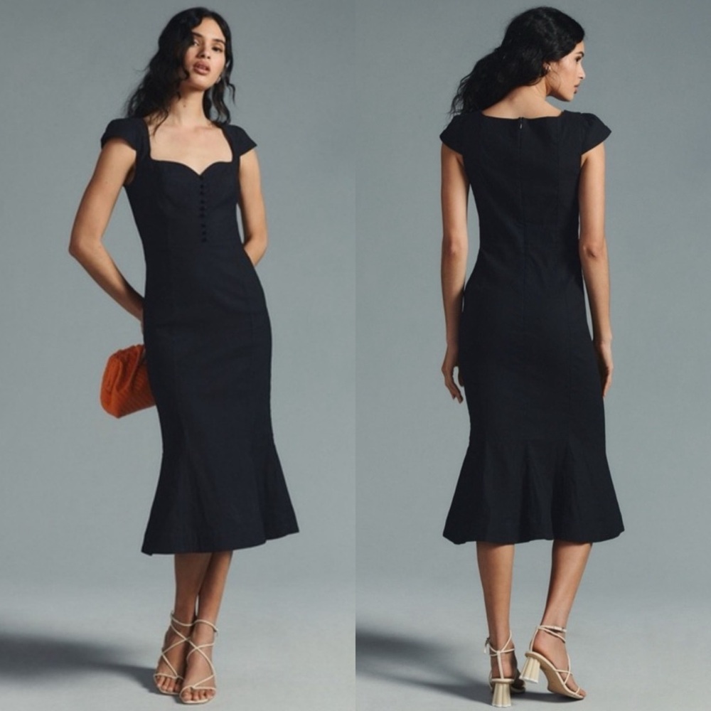 Anthropologie Cecily Pin Up Sweetheart Neckline Retro Black Bodycon Midi Dress